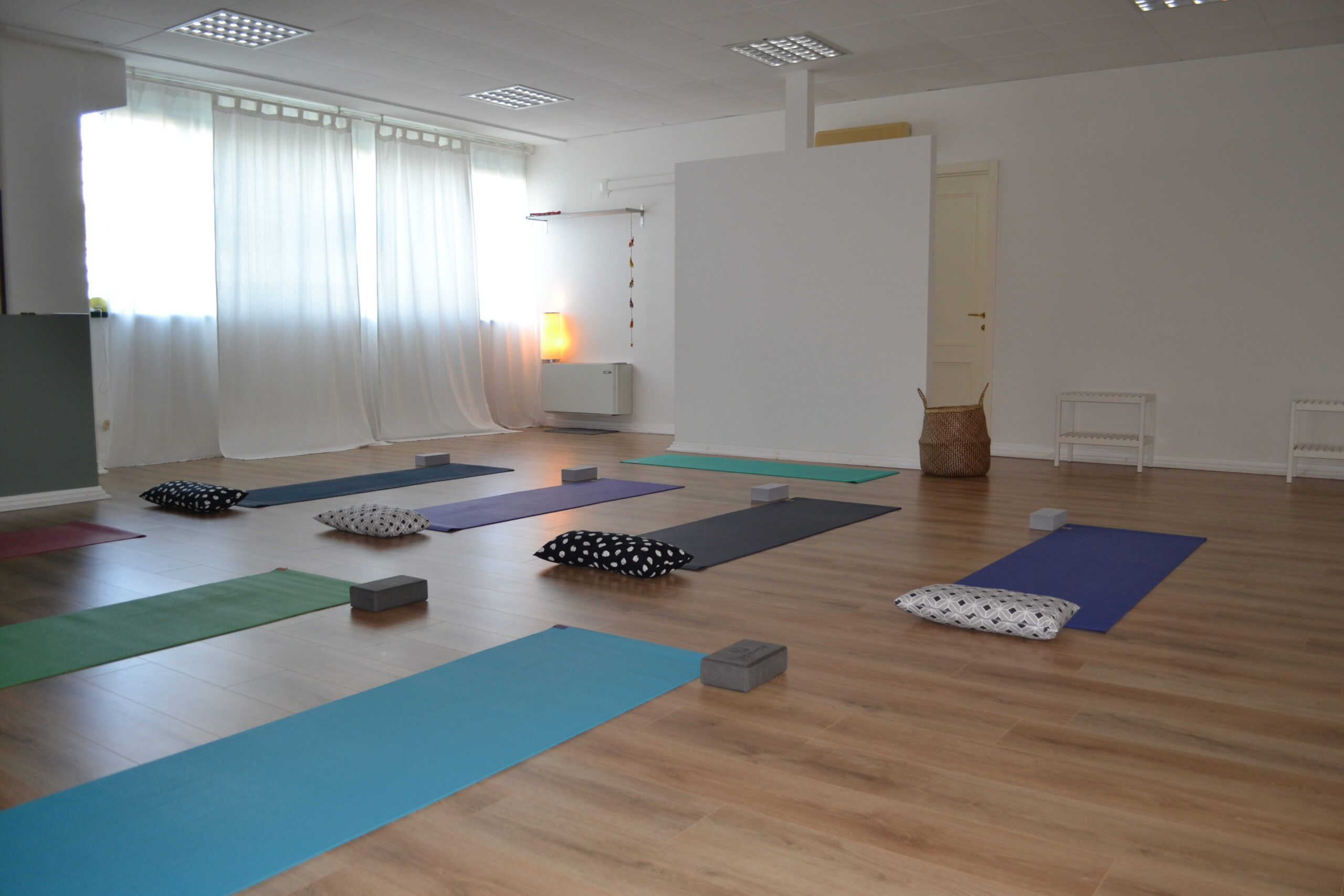 Studio di Yoga con tappetini distesi, cuscini e blocchi pronti per la lezione